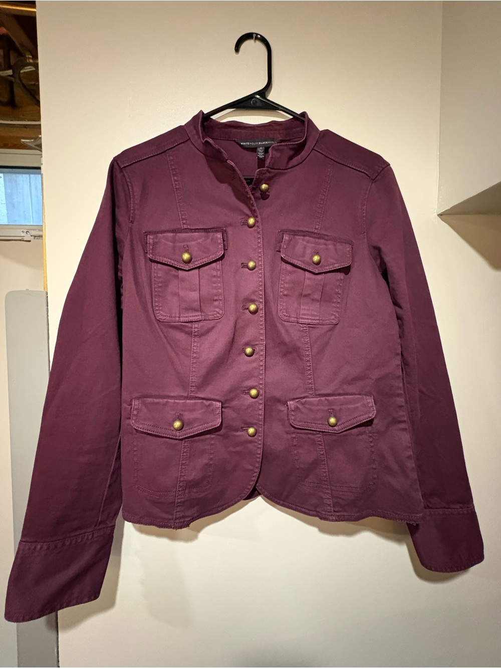 White House Black Market Military-Style Stonewashed Jacket in Deep Plum ($150)